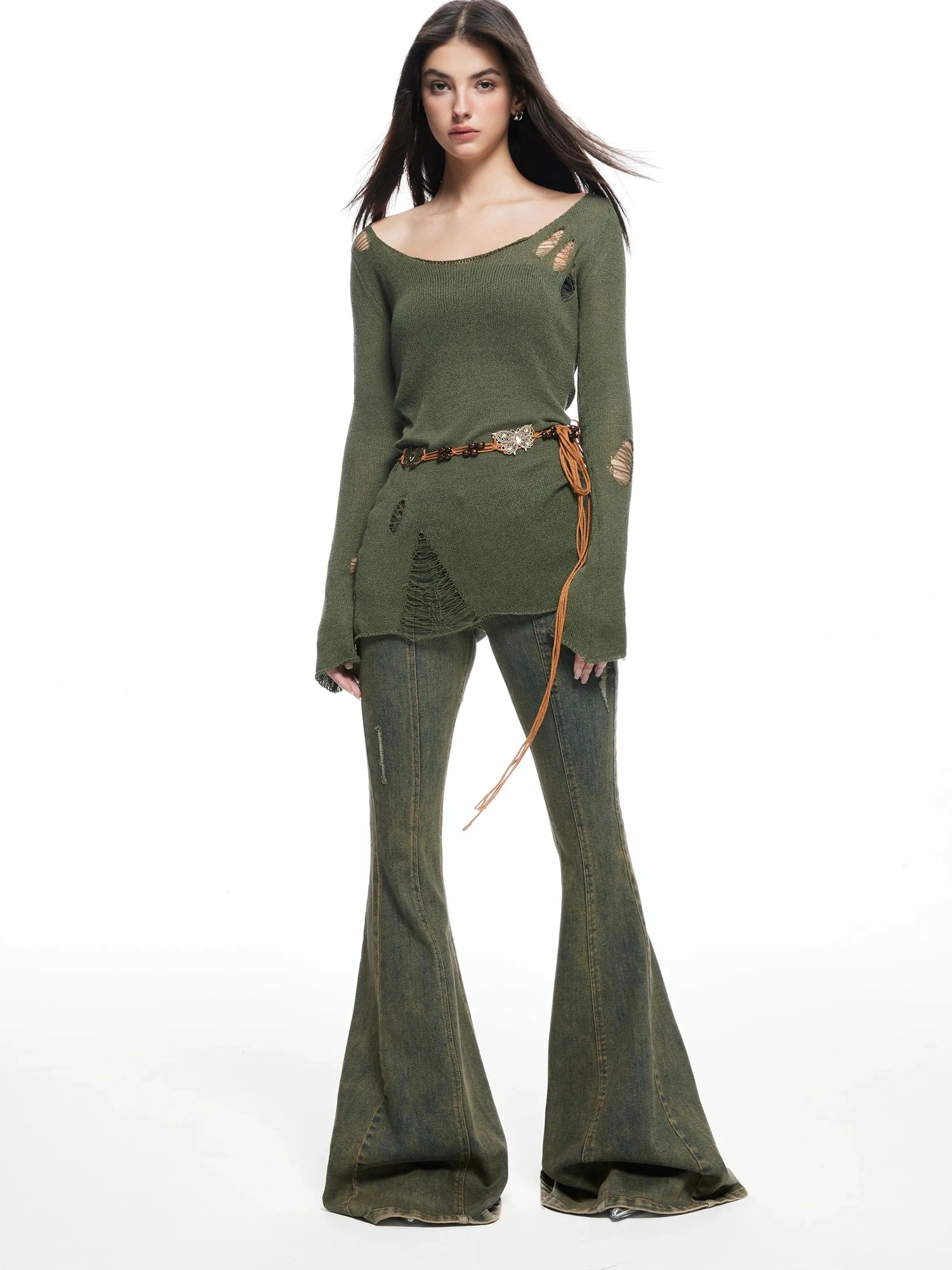 kvkv Vintage Olive Green Distressed Sweater