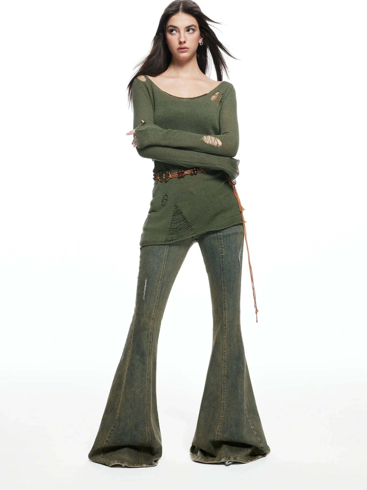 kvkv Vintage Olive Green Distressed Sweater