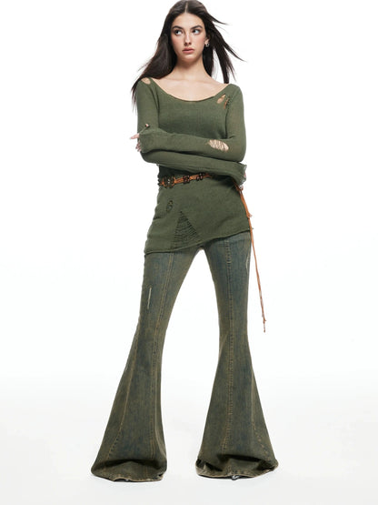 kvkv Vintage Olive Green Distressed Sweater