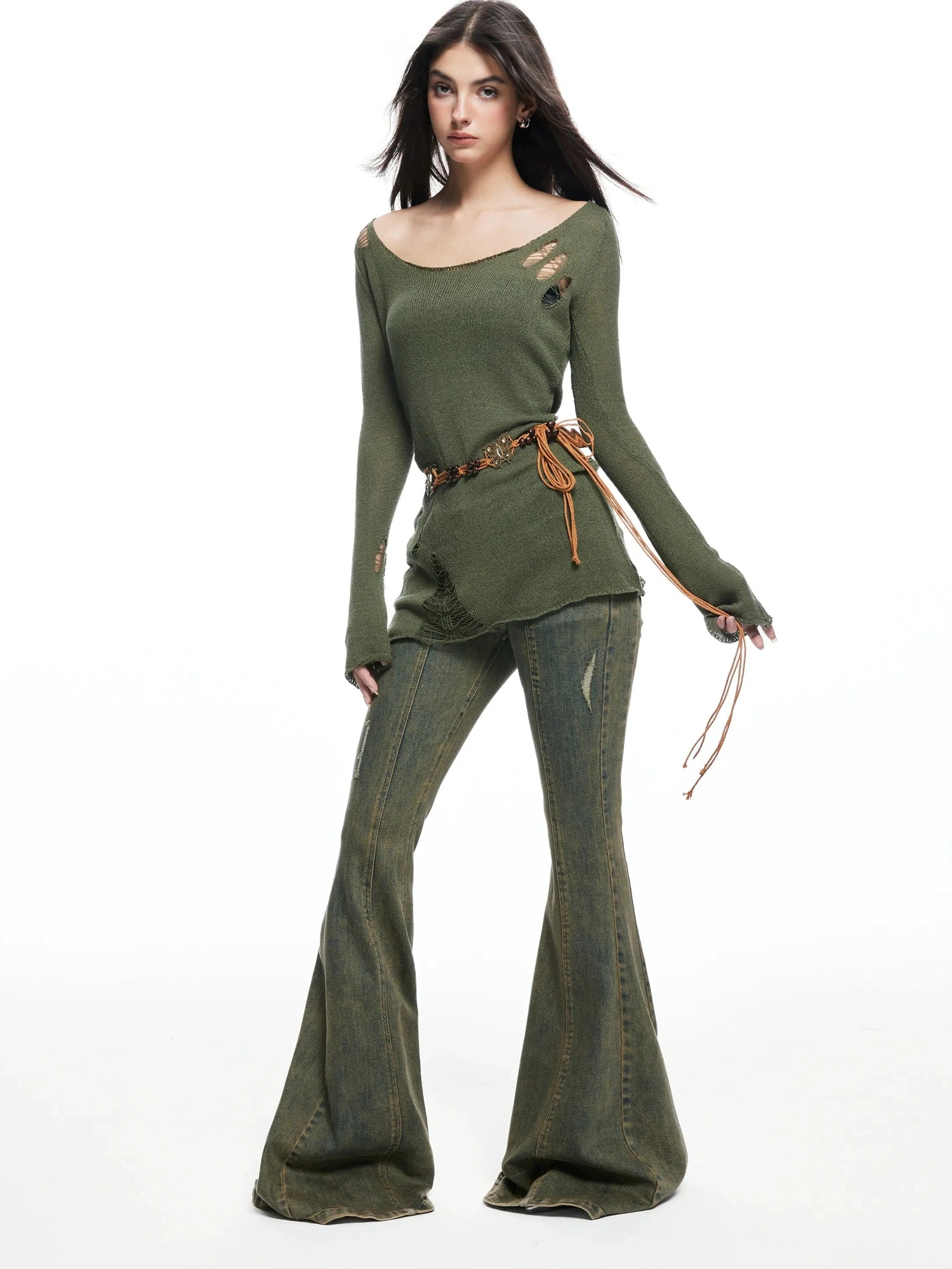 kvkv Vintage Olive Green Distressed Sweater