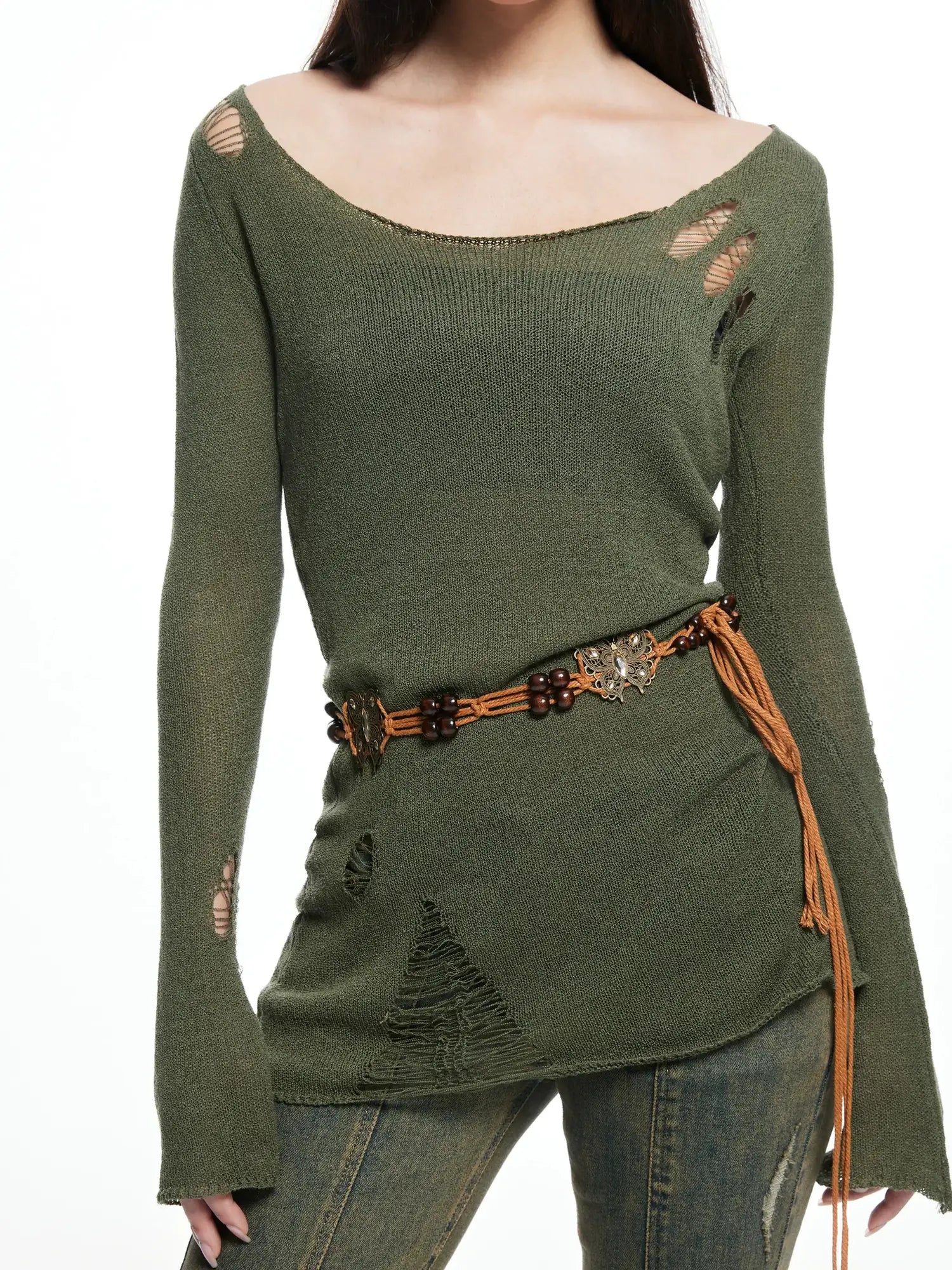 kvkv Vintage Olive Green Distressed Sweater