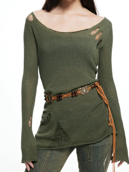 kvkv Vintage Olive Green Distressed Sweater