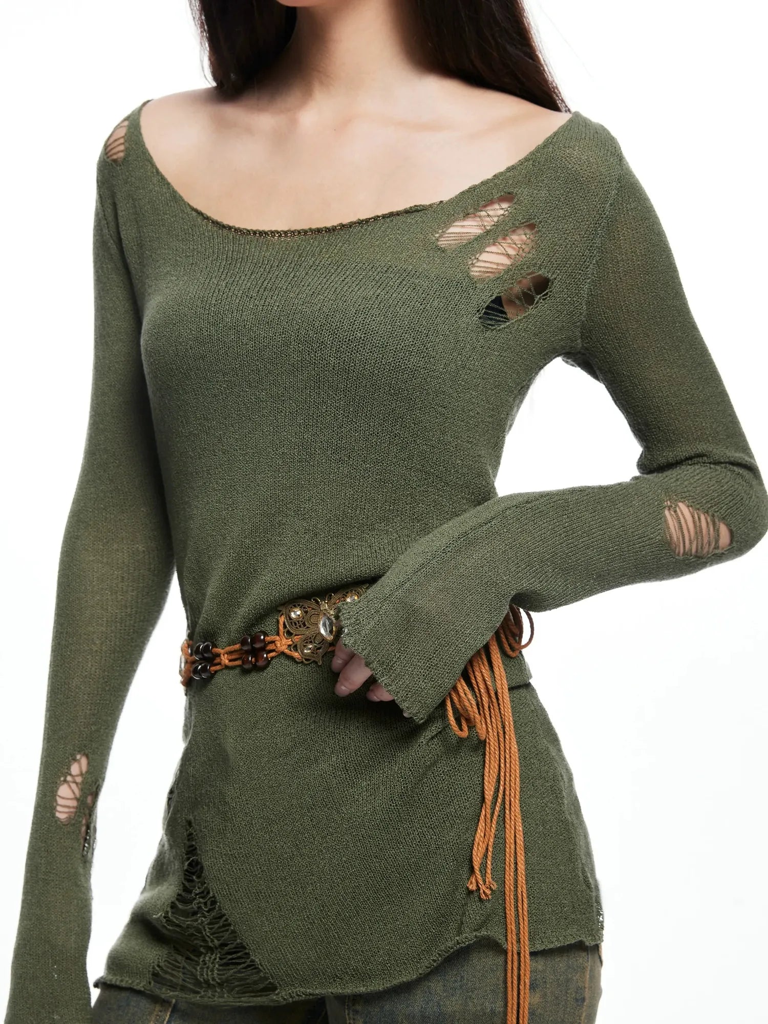 kvkv Vintage Olive Green Distressed Sweater