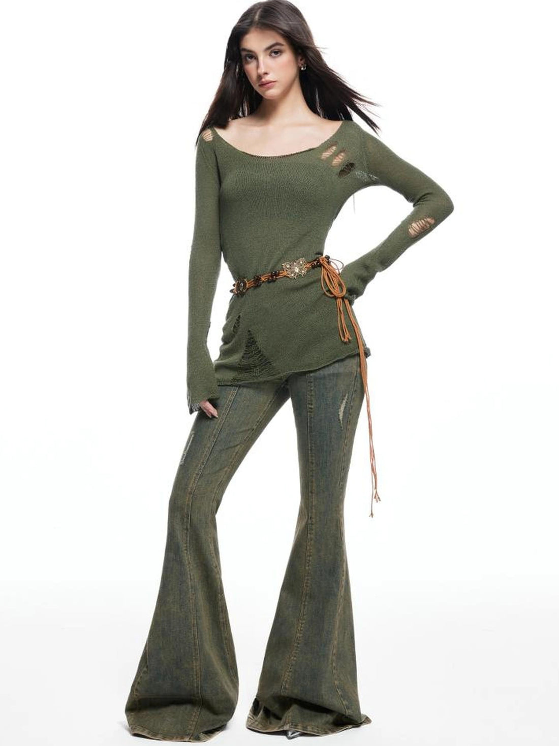kvkv Vintage Olive Green Distressed Sweater