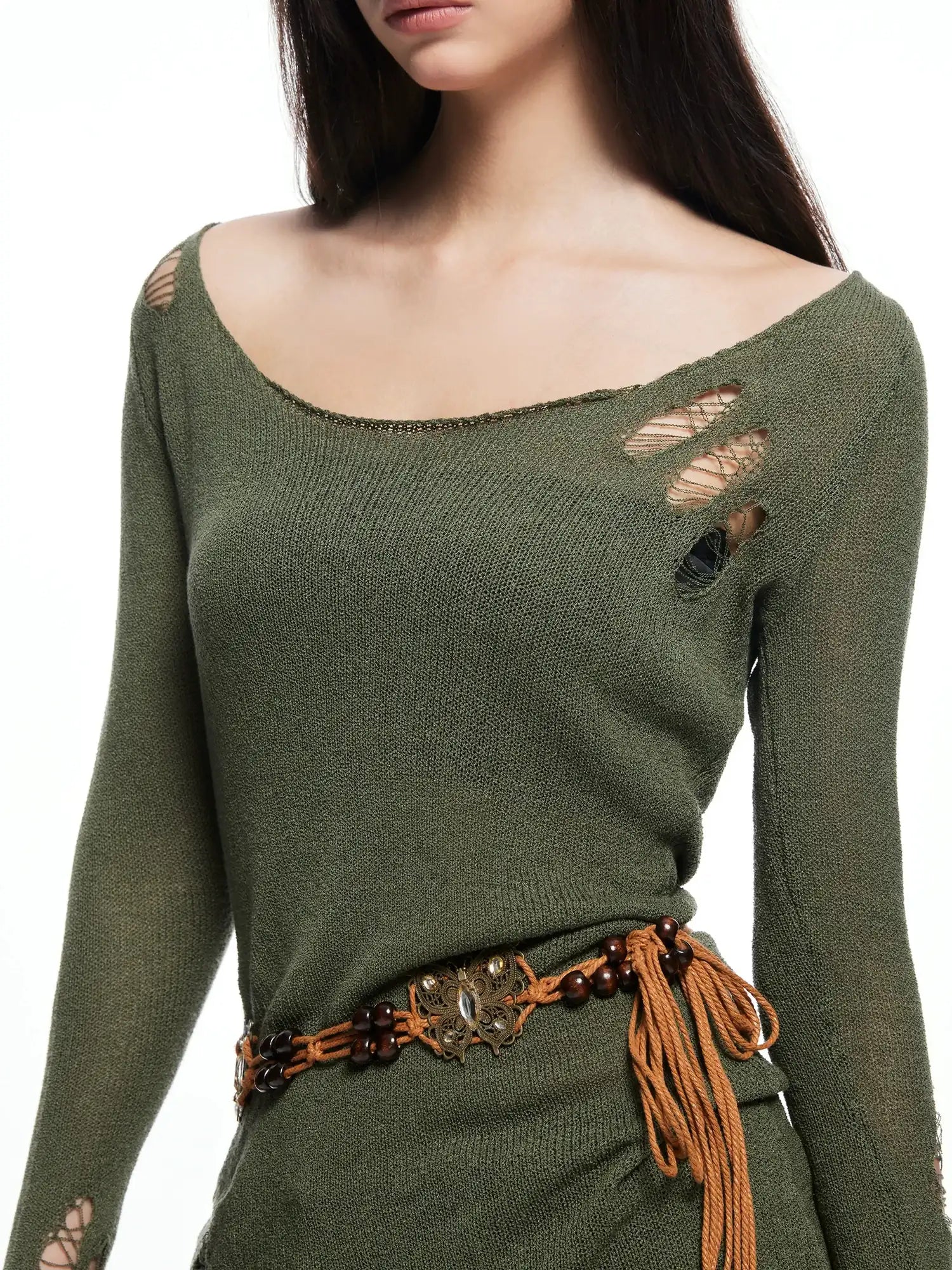 kvkv Vintage Olive Green Distressed Sweater