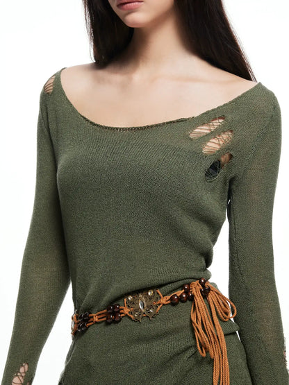 kvkv Vintage Olive Green Distressed Sweater