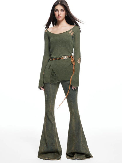 kvkv Vintage Olive Green Distressed Sweater