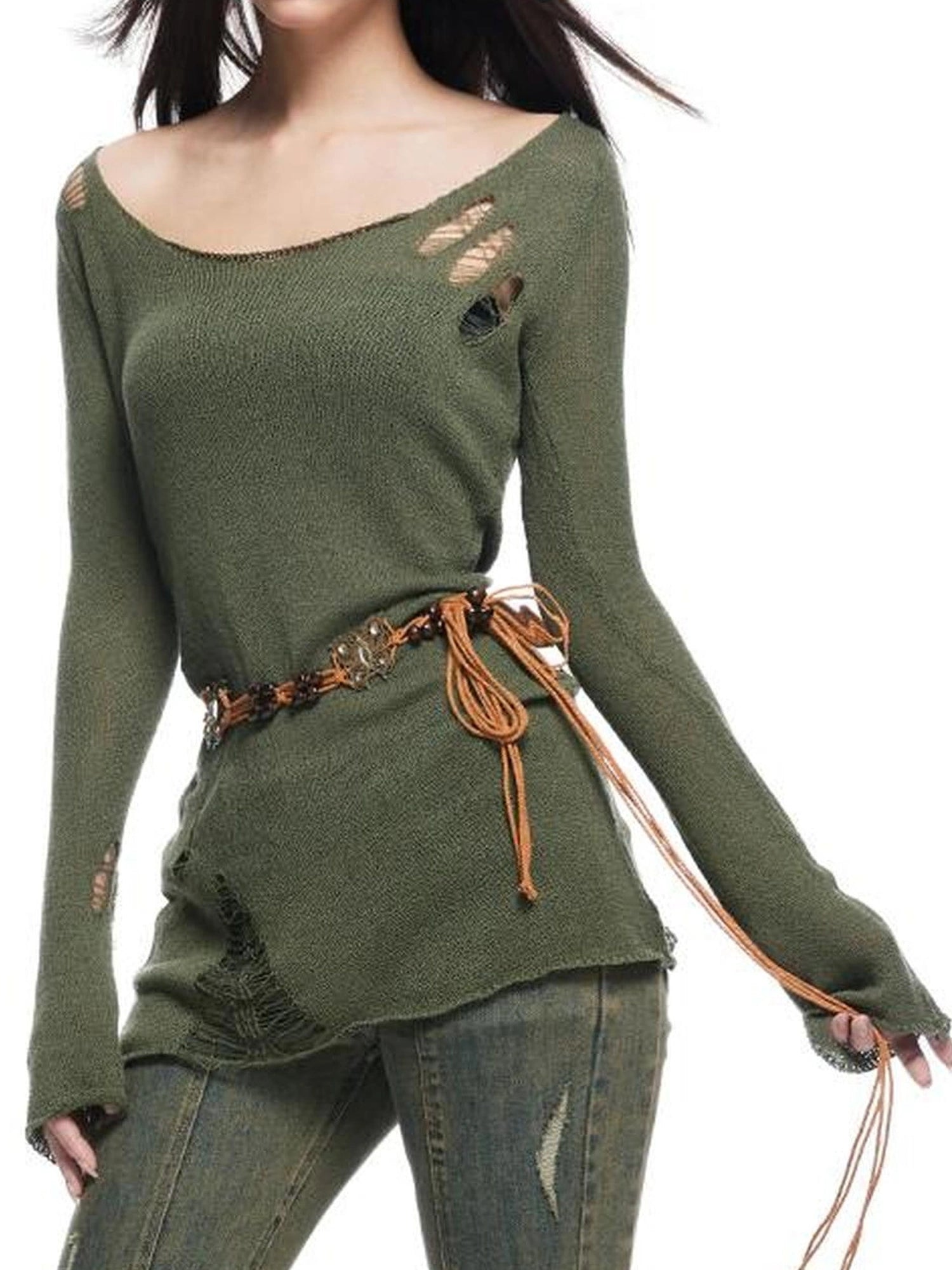 kvkv Vintage Olive Green Distressed Sweater