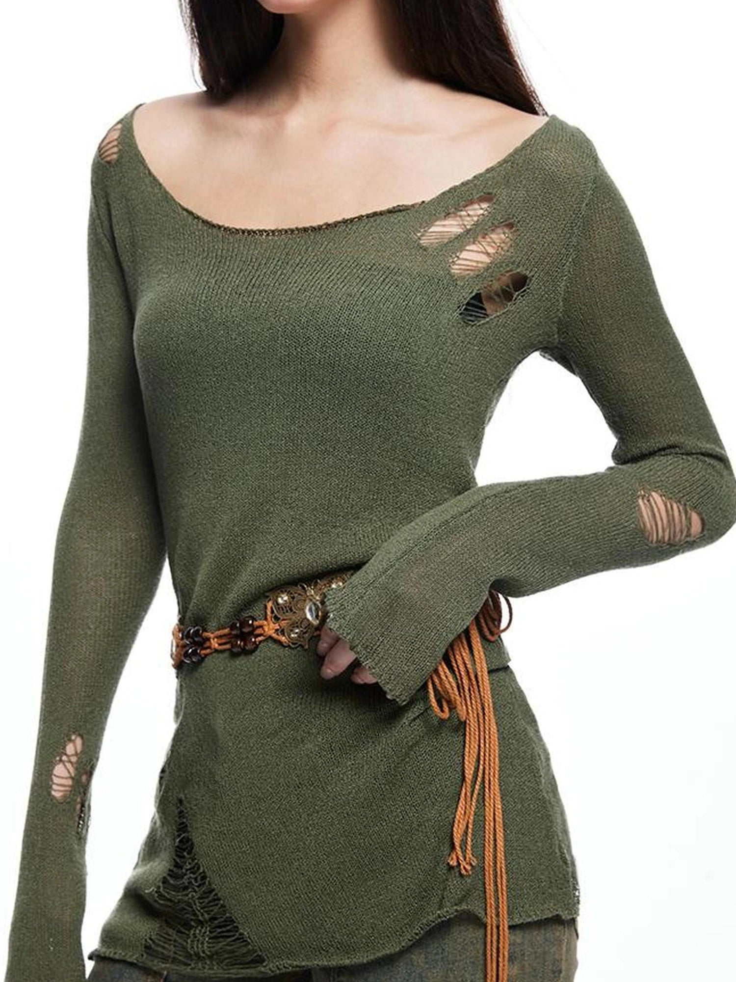 kvkv Vintage Olive Green Distressed Sweater