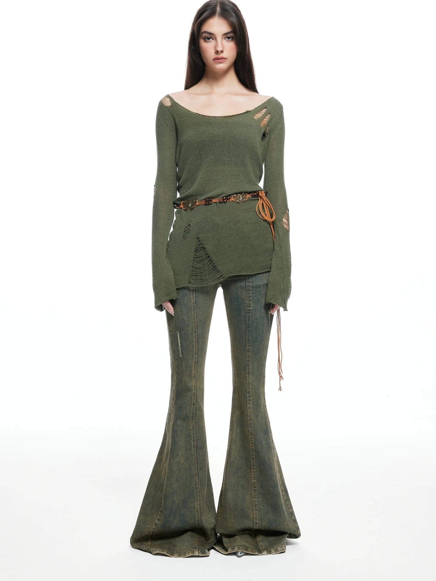 kvkv Vintage Olive Green Distressed Sweater