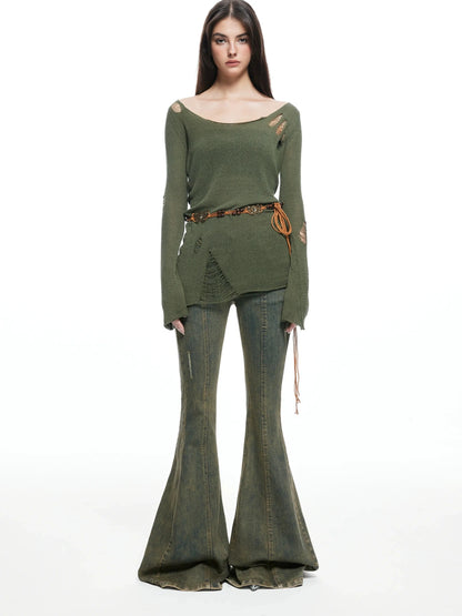 kvkv Vintage Olive Green Distressed Sweater