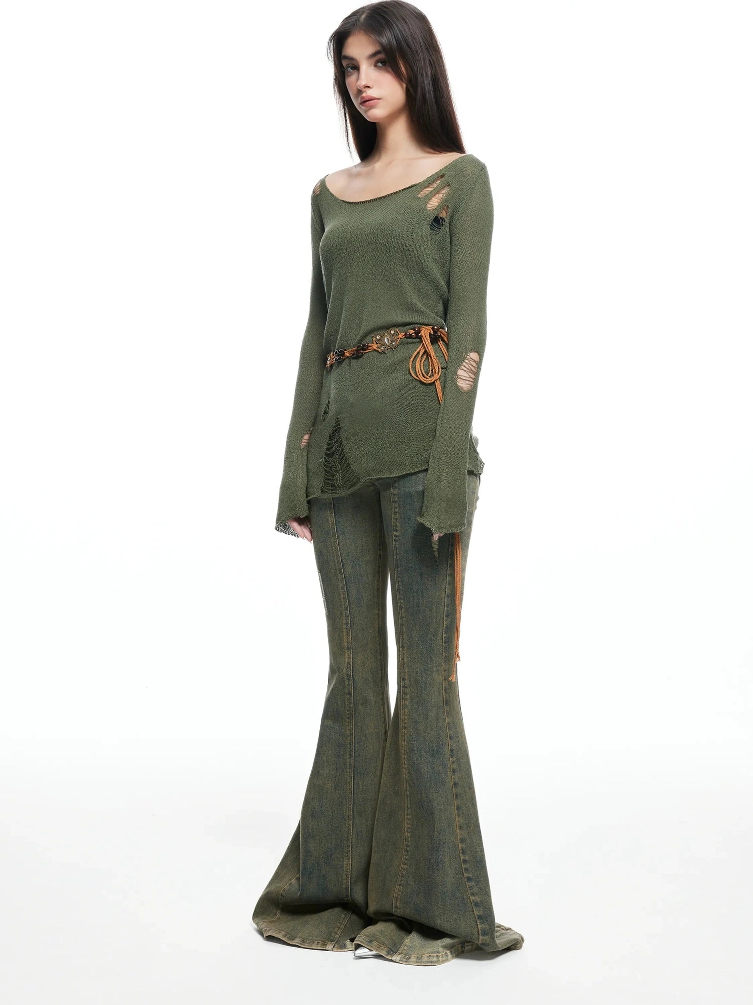 kvkv Vintage Olive Green Distressed Sweater
