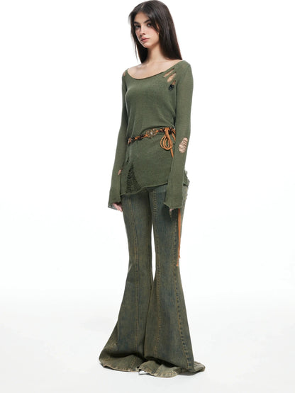 kvkv Vintage Olive Green Distressed Sweater