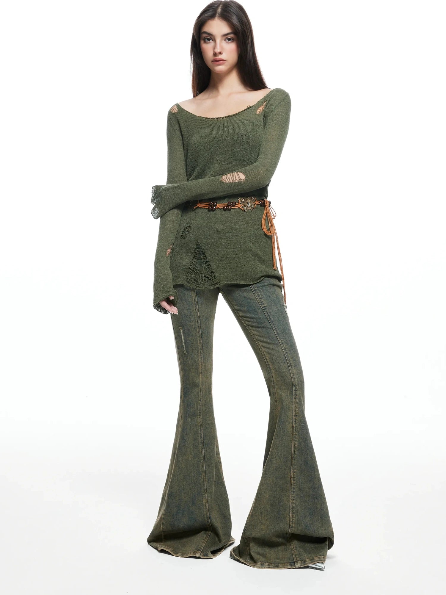 kvkv Vintage Olive Green Distressed Sweater