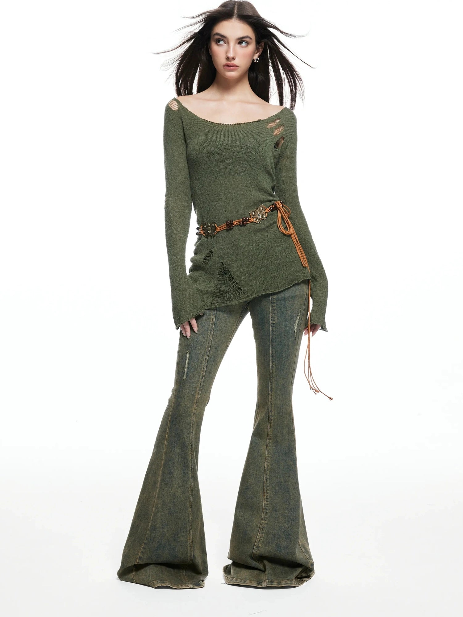 kvkv Vintage Olive Green Distressed Sweater