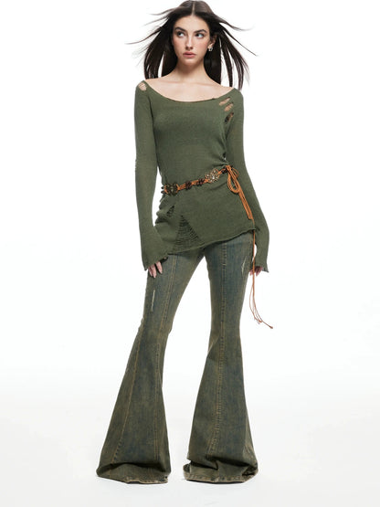 kvkv Vintage Olive Green Distressed Sweater