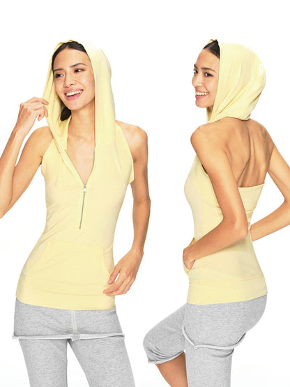 kvkv Vintage Pale Yellow Lyocell Open Back Zip Hooded Women&
