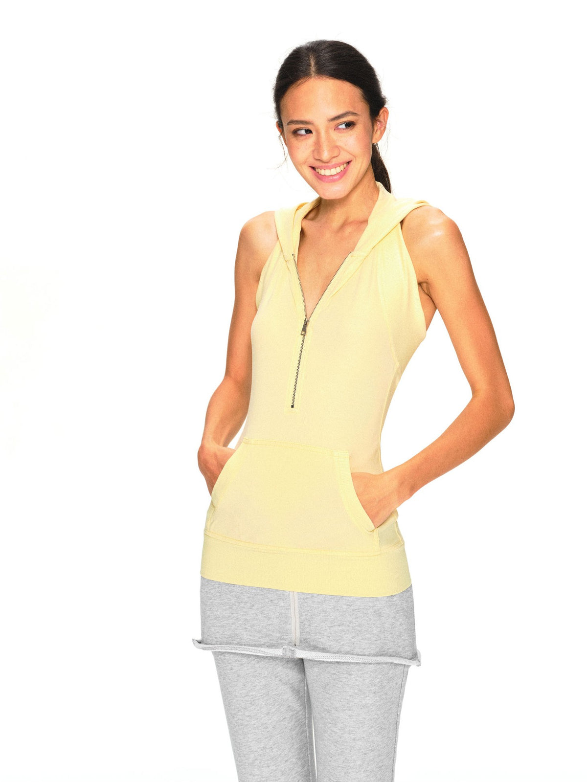 kvkv Vintage Pale Yellow Lyocell Open Back Zip Hooded Women&