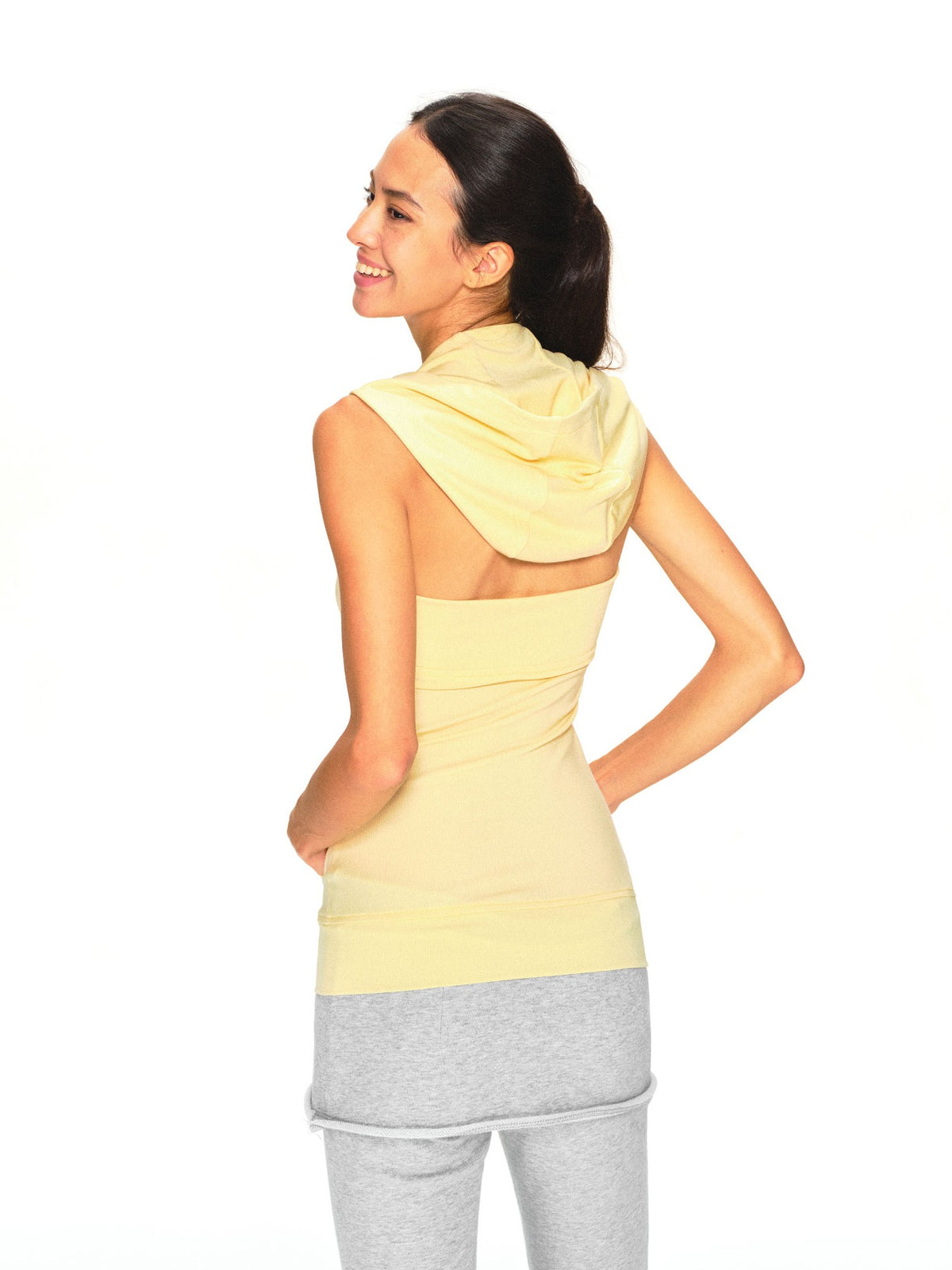 kvkv Vintage Pale Yellow Lyocell Open Back Zip Hooded Women&