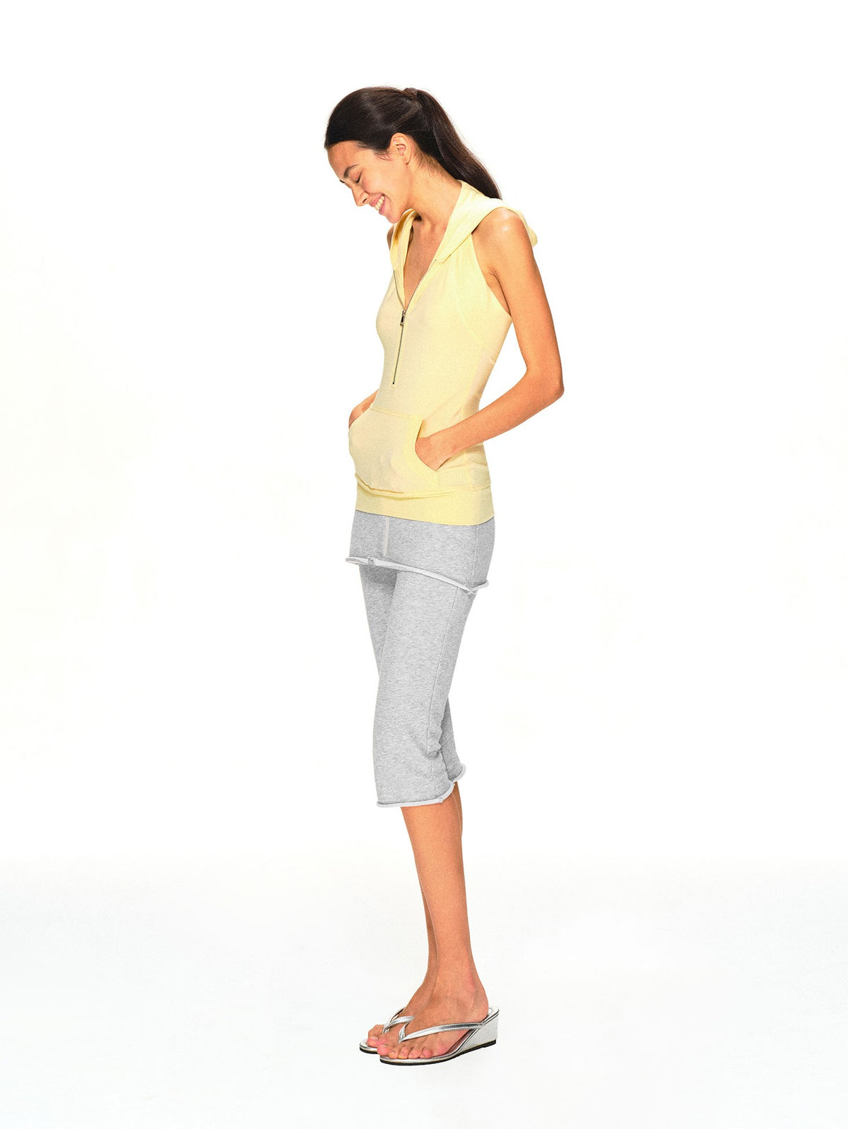 kvkv Vintage Pale Yellow Lyocell Open Back Zip Hooded Women&