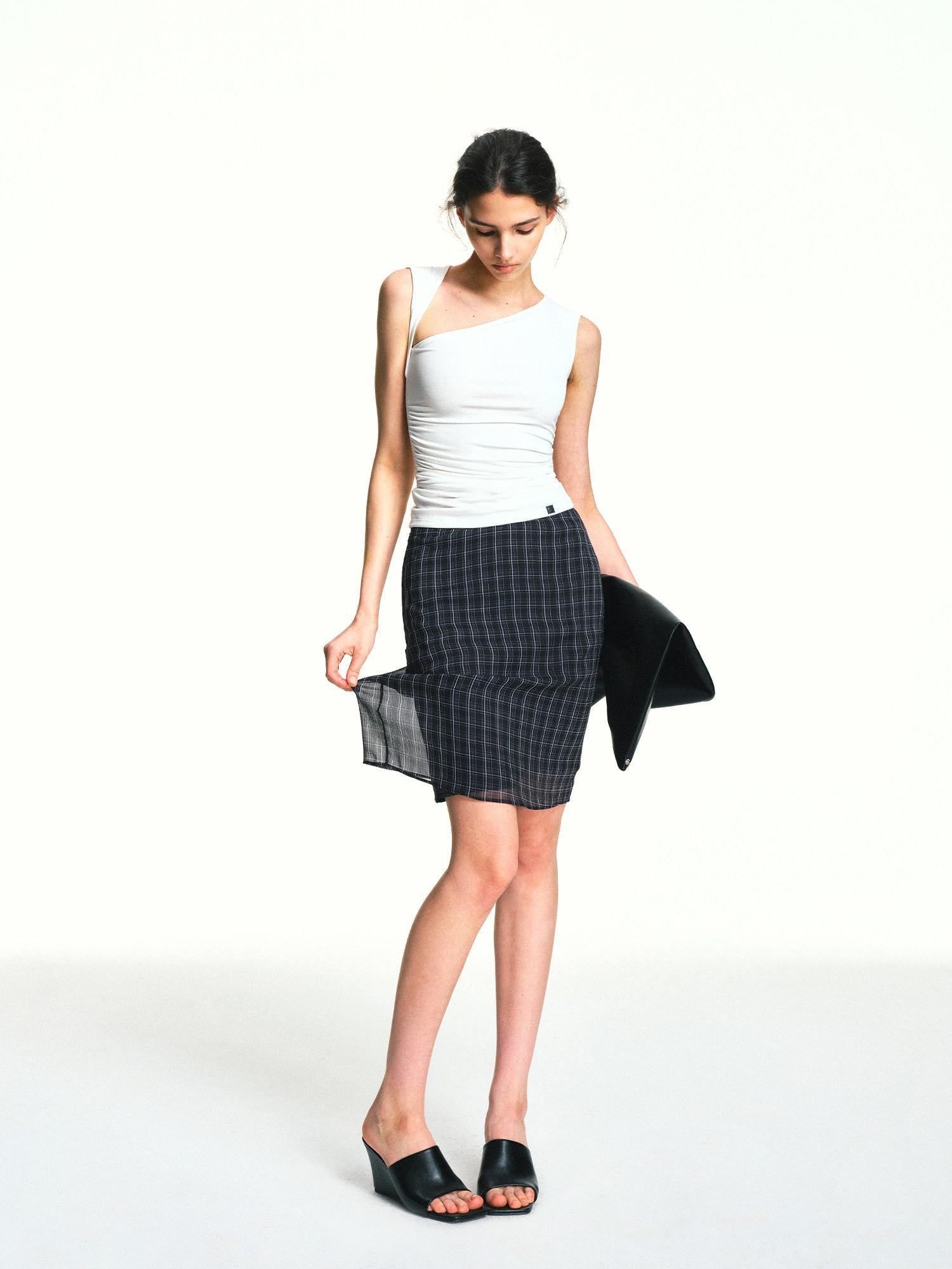 kvkv Vintage Plaid Mesh Double Layer Detachable Women&