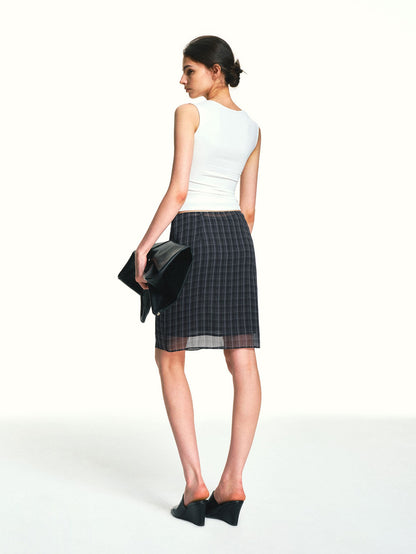 kvkv Vintage Plaid Mesh Double Layer Detachable Women&