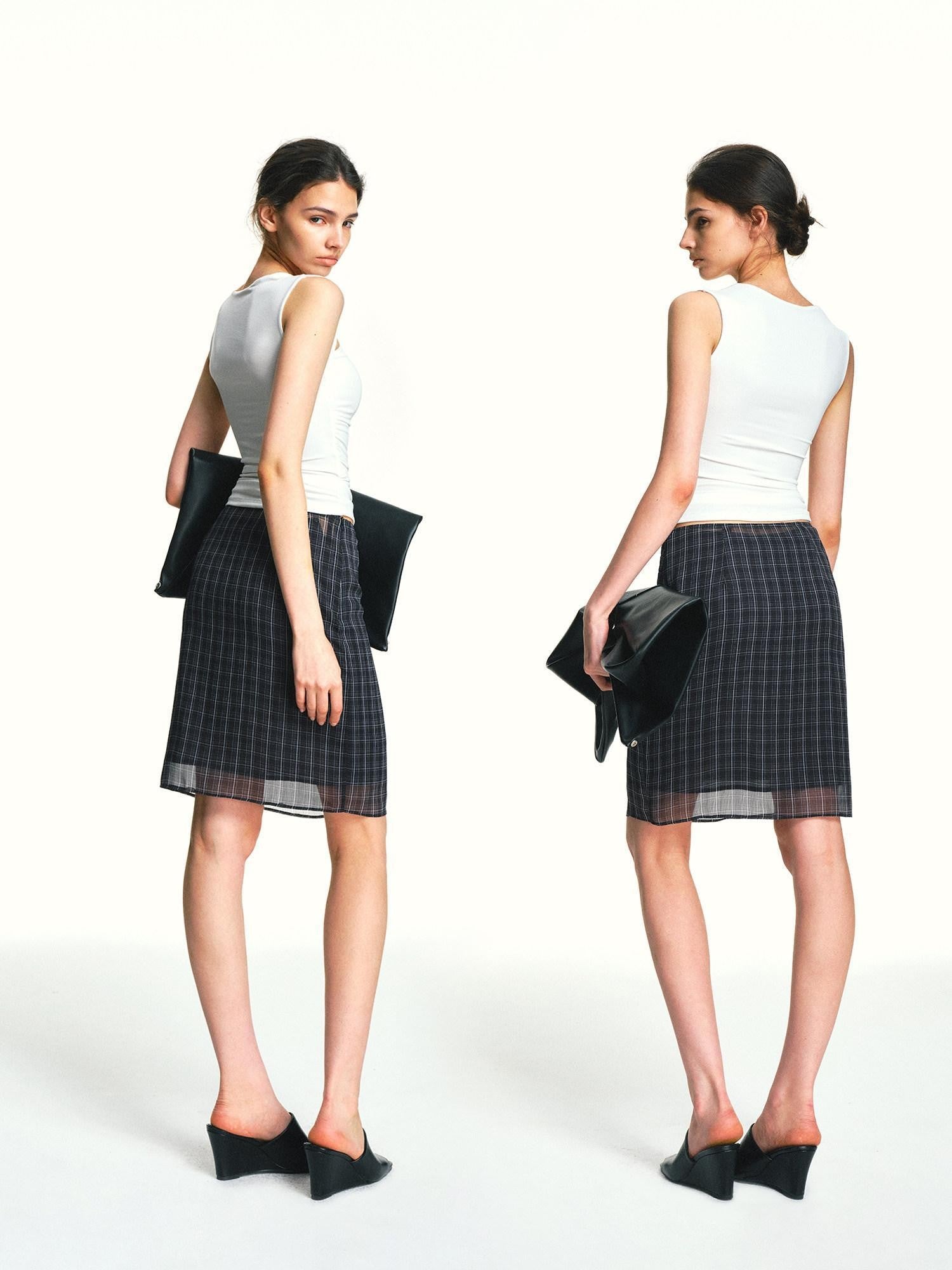kvkv Vintage Plaid Mesh Double Layer Detachable Women&
