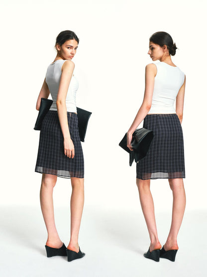 kvkv Vintage Plaid Mesh Double Layer Detachable Women&