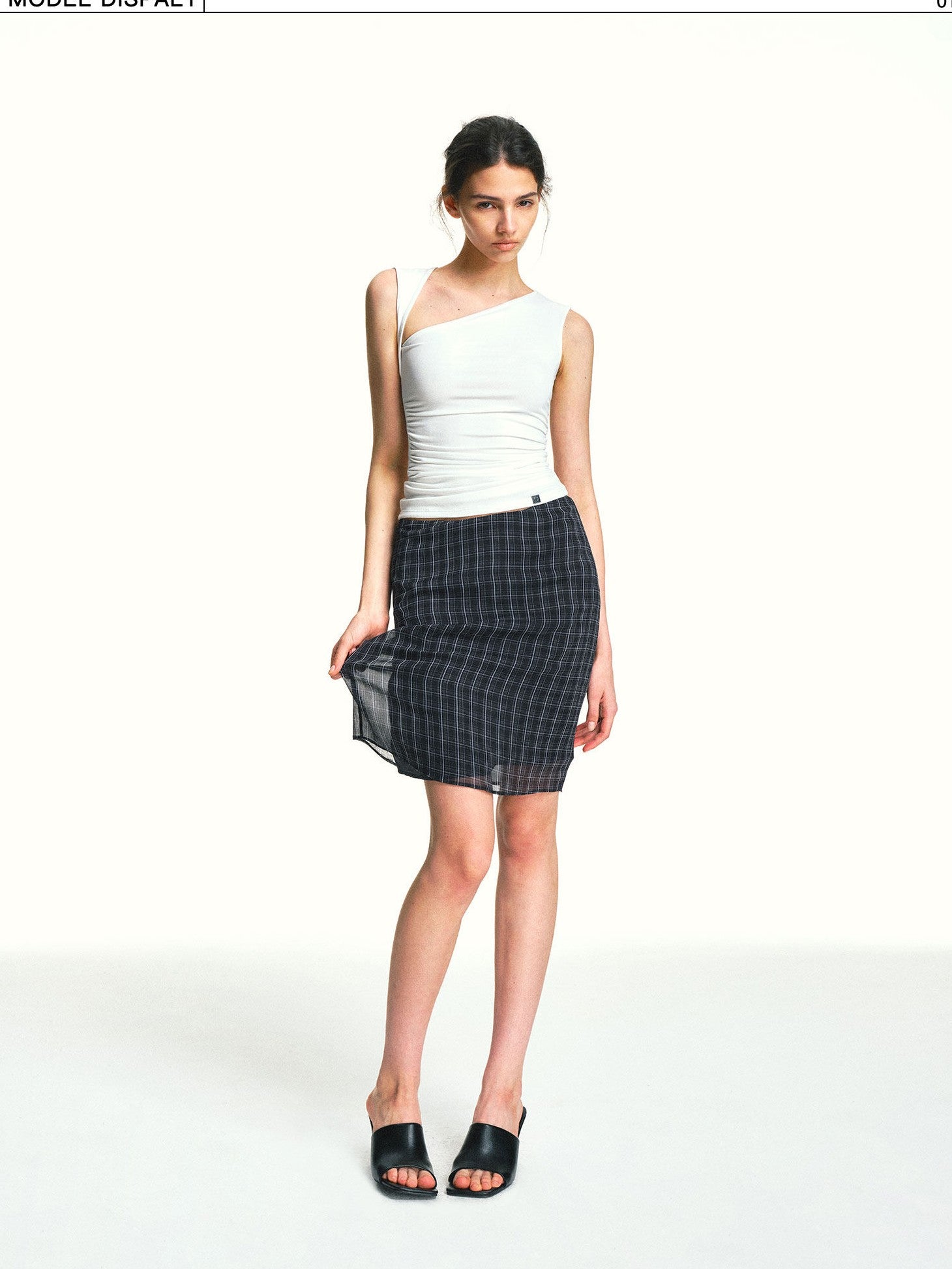 kvkv Vintage Plaid Mesh Double Layer Detachable Women&