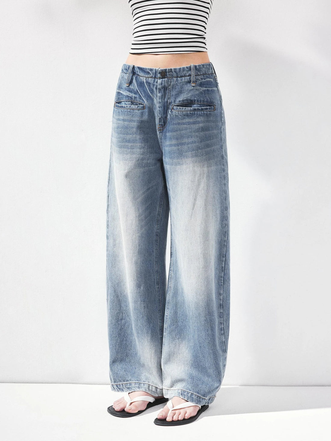 kvkv Vintage Washed Blue Low Rise Drawstring Wide Leg Jeans