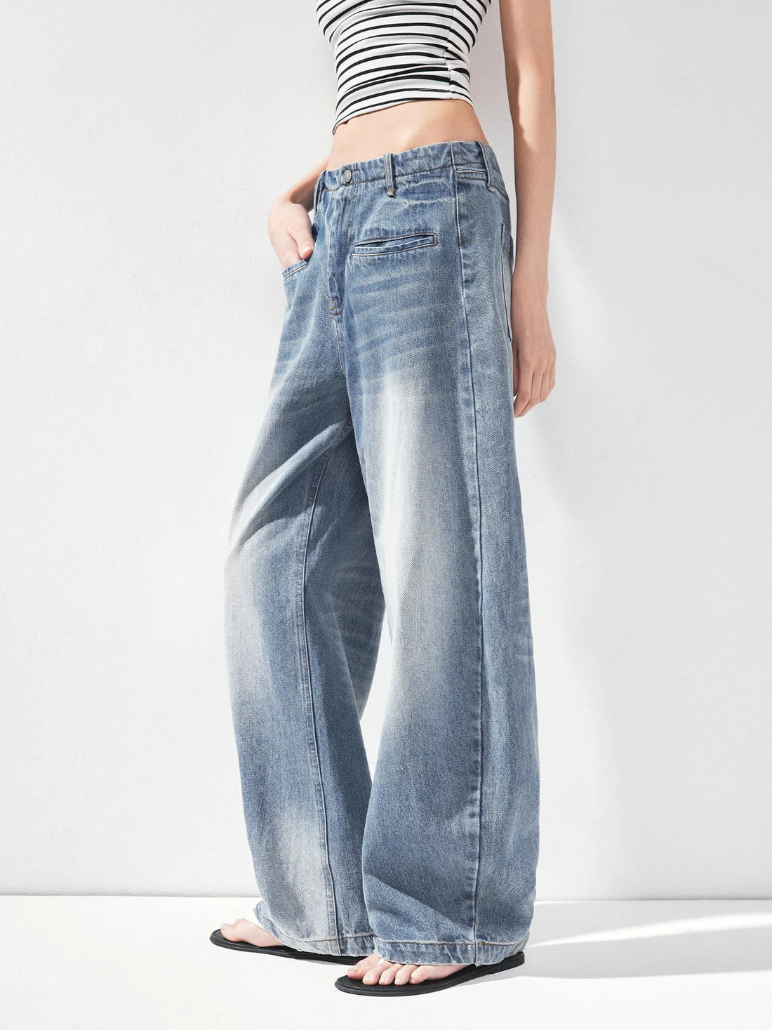 kvkv Vintage Washed Blue Low Rise Drawstring Wide Leg Jeans