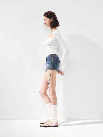kvkv Vintage Washed Blue Low Rise Zipped Denim Shorts