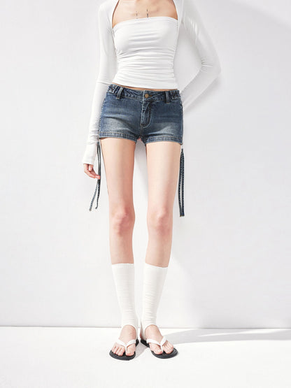 kvkv Vintage Washed Blue Low Rise Zipped Denim Shorts