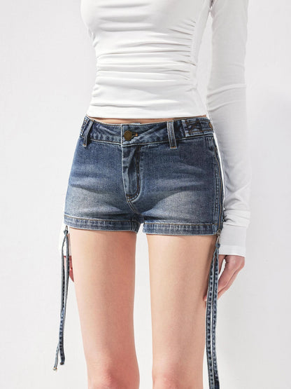 kvkv Vintage Washed Blue Low Rise Zipped Denim Shorts
