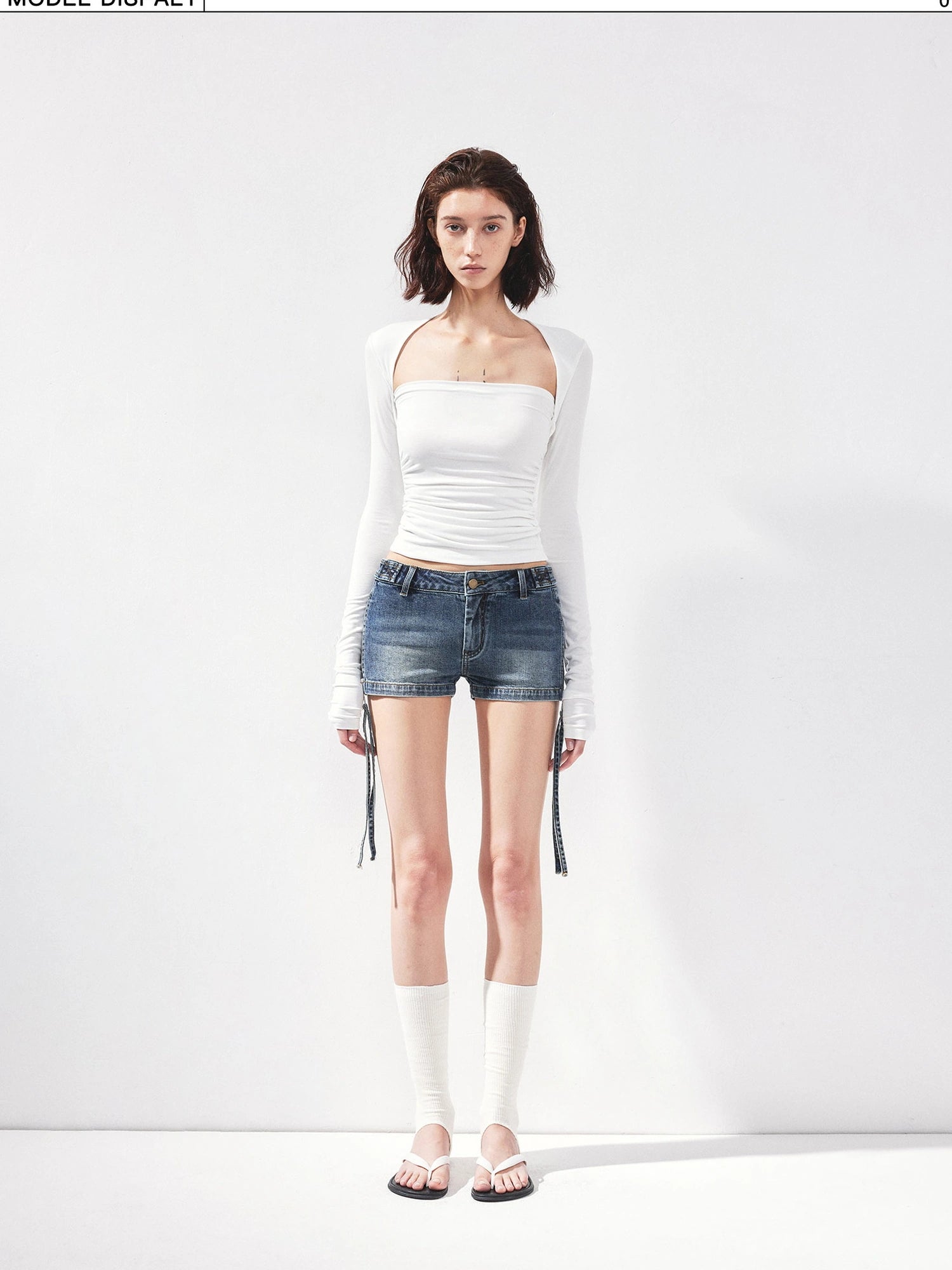 kvkv Vintage Washed Blue Low Rise Zipped Denim Shorts