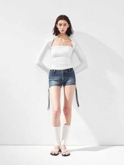 kvkv Vintage Washed Blue Low Rise Zipped Denim Shorts