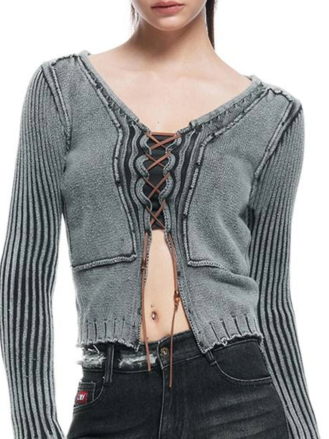 kvkv Vintage Washed Wool Knit Cardigan V-neck Long Sleeve
