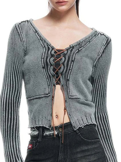 kvkv Vintage Washed Wool Knit Cardigan V-neck Long Sleeve