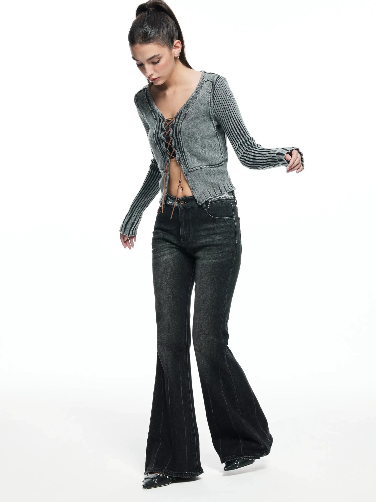 kvkv Vintage Washed Wool Knit Cardigan V-neck Long Sleeve