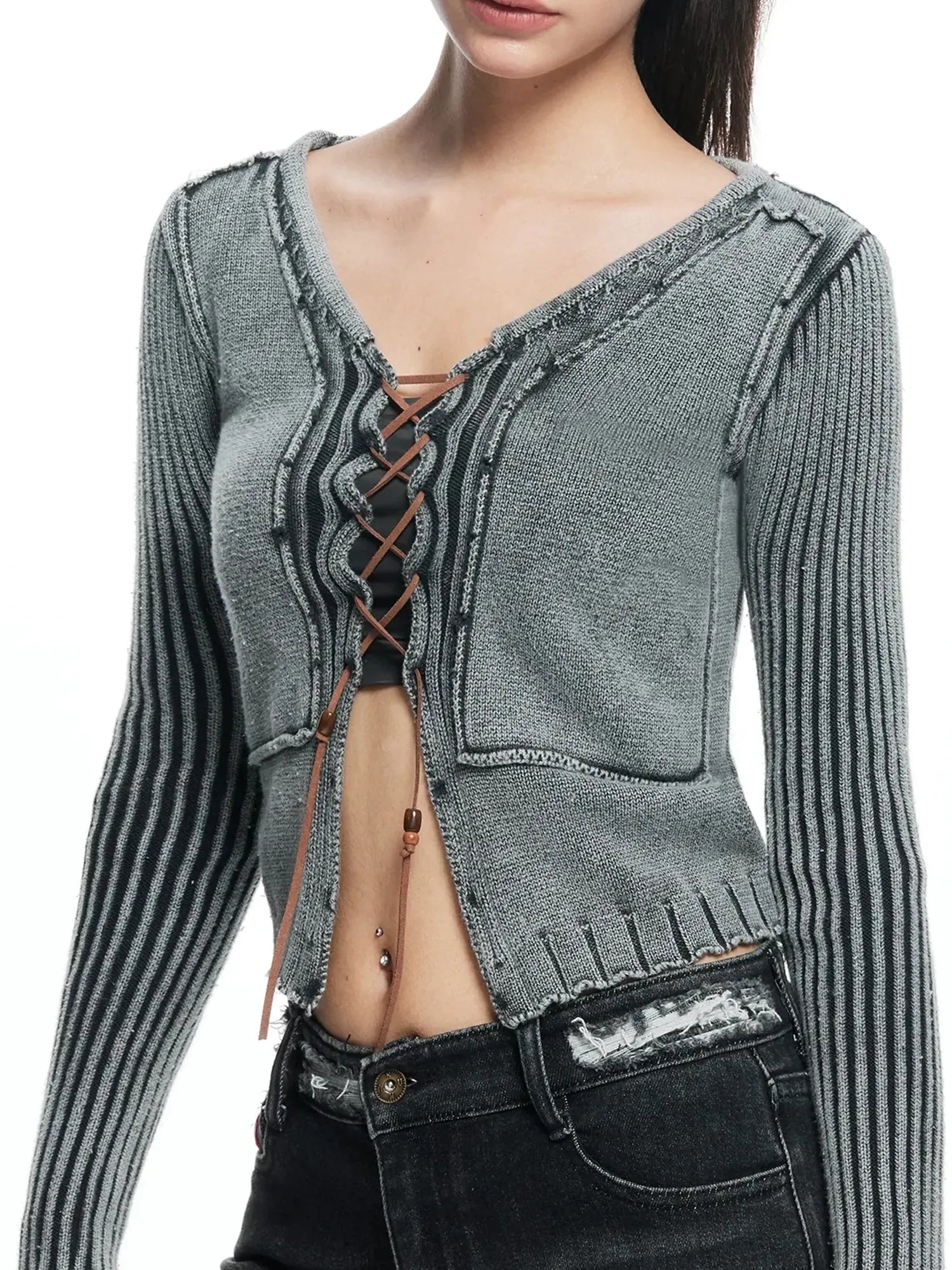 kvkv Vintage Washed Wool Knit Cardigan V-neck Long Sleeve