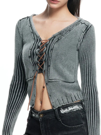 kvkv Vintage Washed Wool Knit Cardigan V-neck Long Sleeve