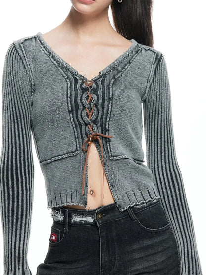 kvkv Vintage Washed Wool Knit Cardigan V-neck Long Sleeve