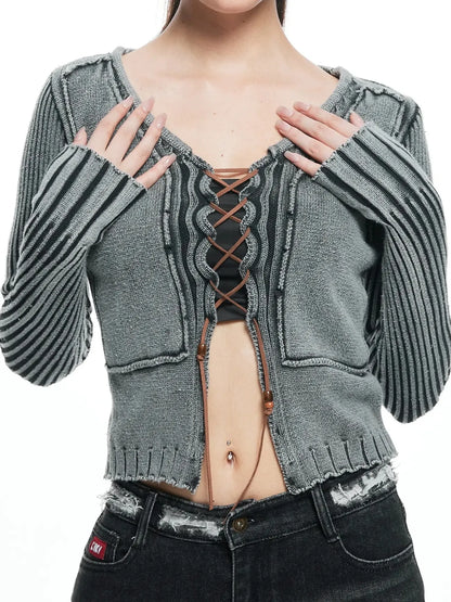 kvkv Vintage Washed Wool Knit Cardigan V-neck Long Sleeve
