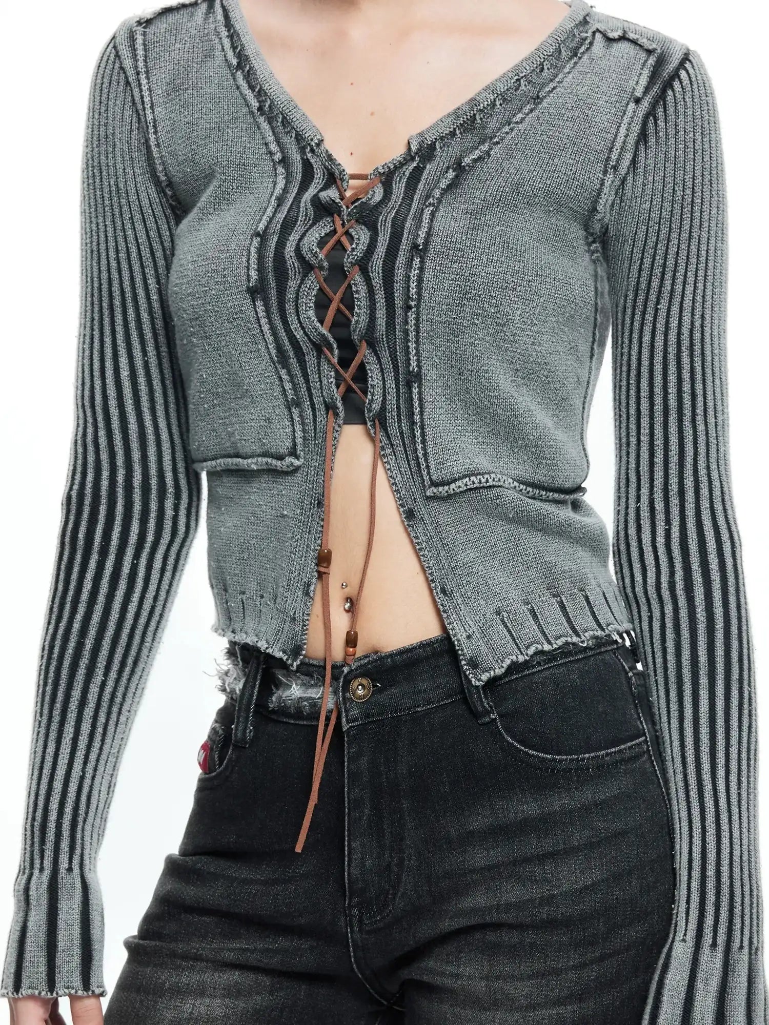 kvkv Vintage Washed Wool Knit Cardigan V-neck Long Sleeve