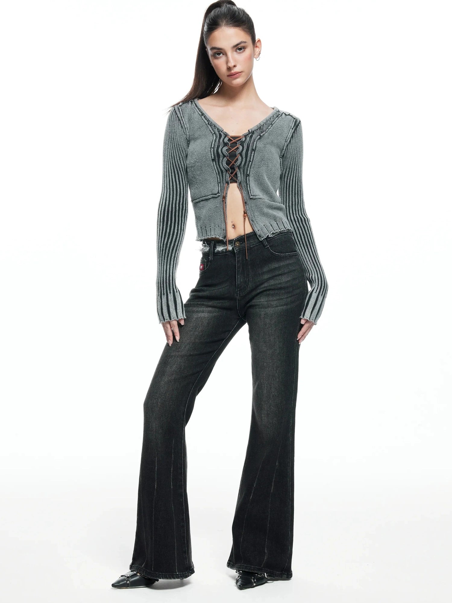 kvkv Vintage Washed Wool Knit Cardigan V-neck Long Sleeve