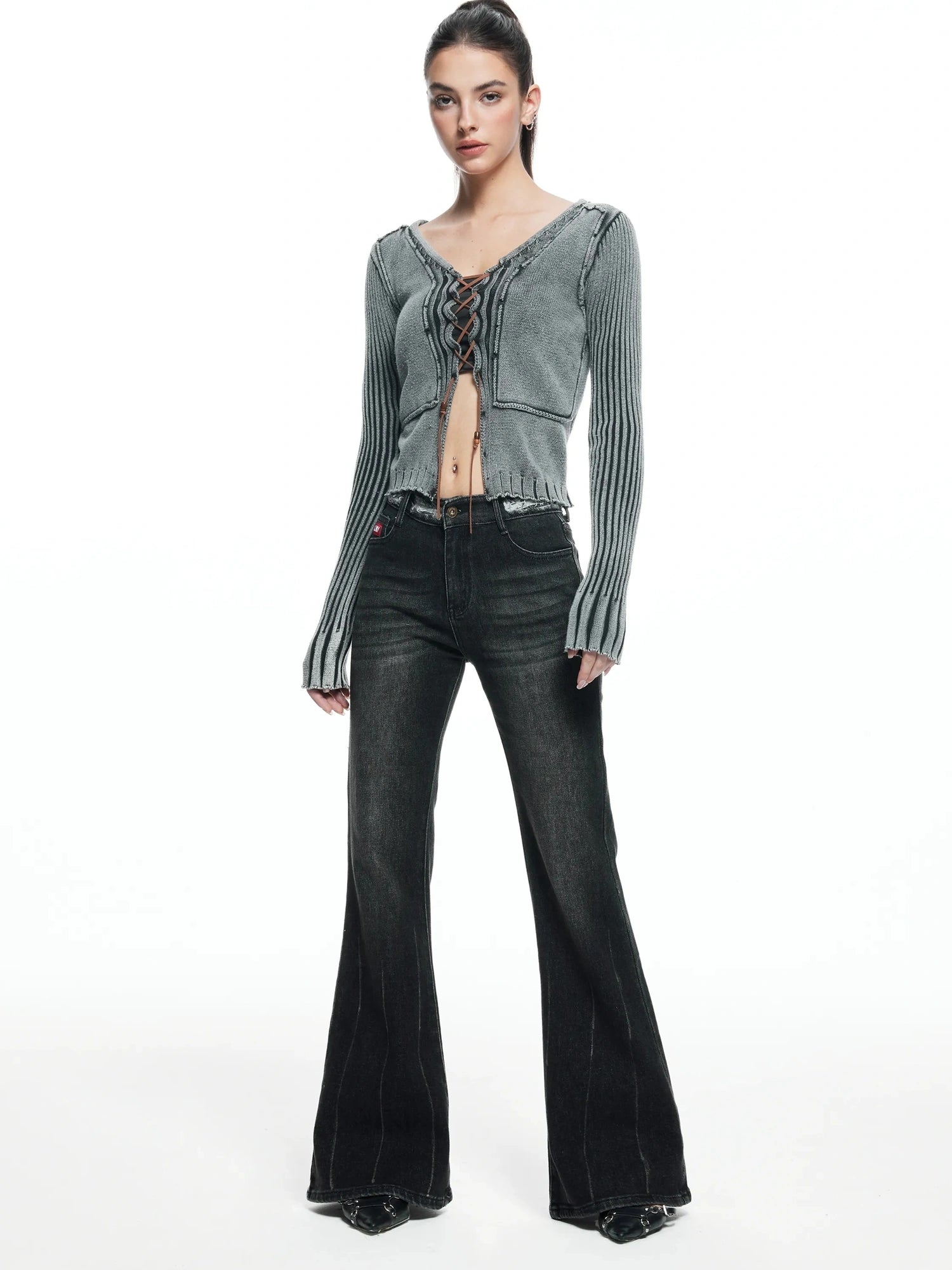 kvkv Vintage Washed Wool Knit Cardigan V-neck Long Sleeve