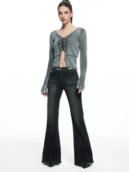 kvkv Vintage Washed Wool Knit Cardigan V-neck Long Sleeve