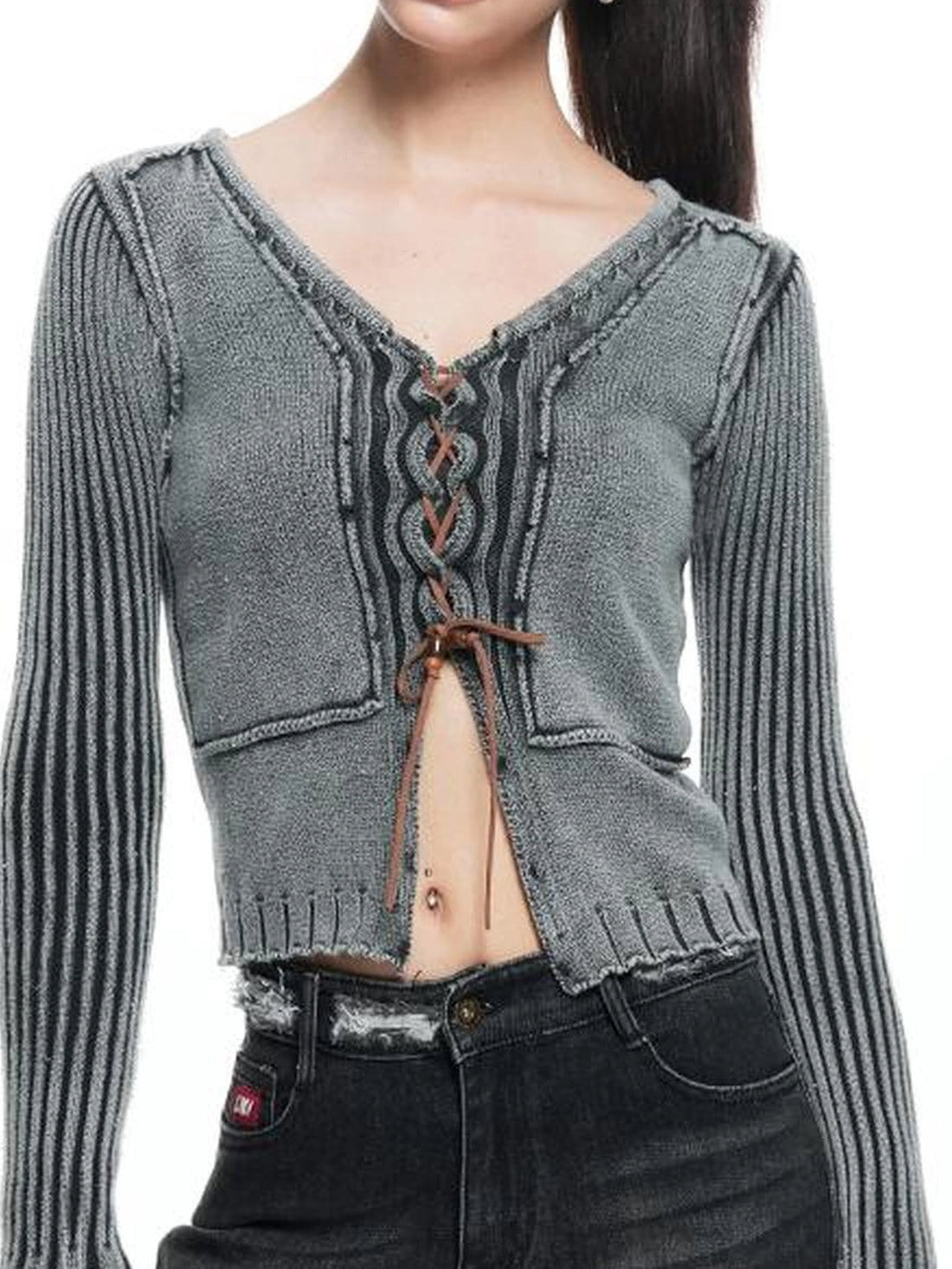 kvkv Vintage Washed Wool Knit Cardigan V-neck Long Sleeve