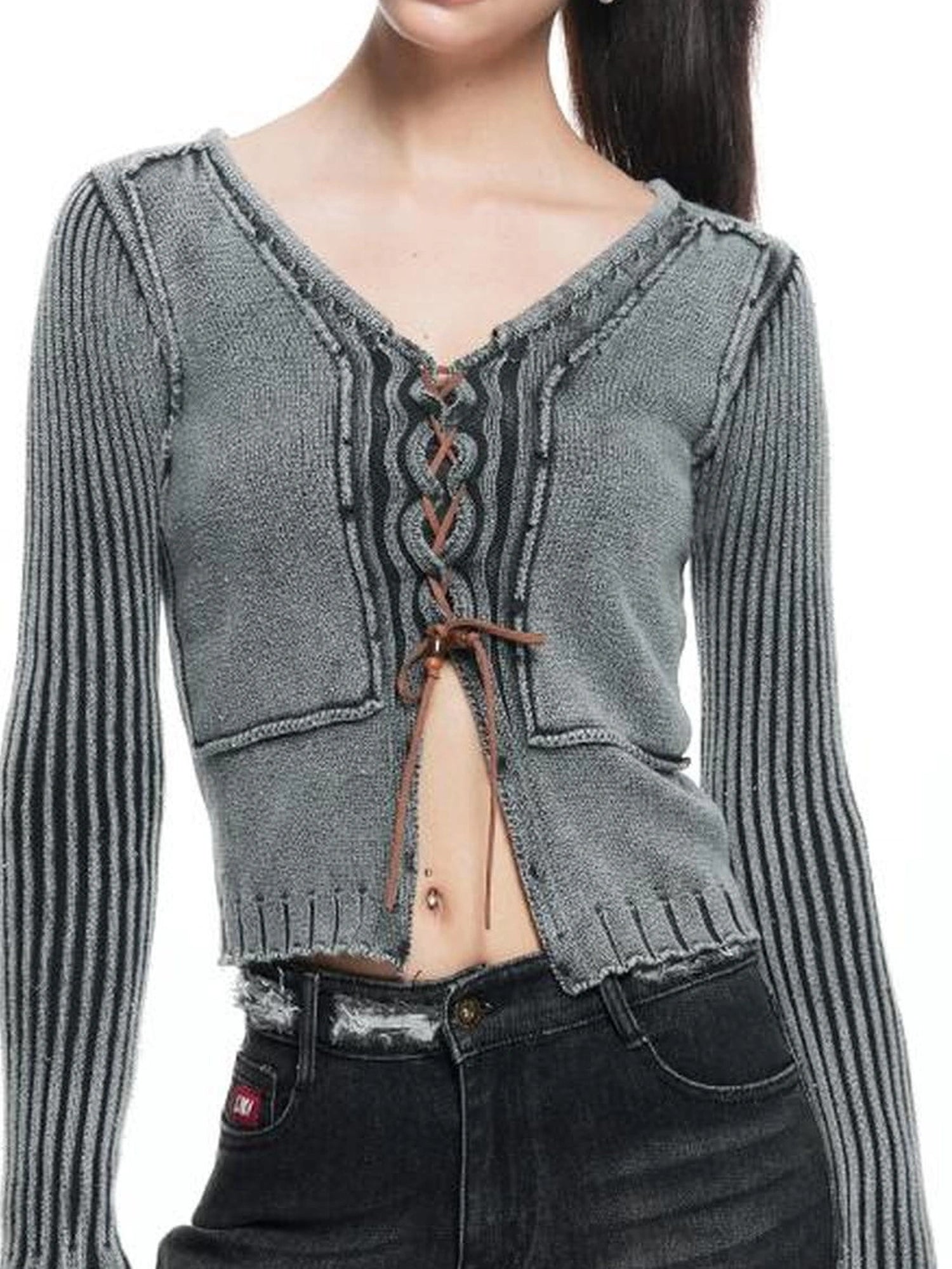 kvkv Vintage Washed Wool Knit Cardigan V-neck Long Sleeve