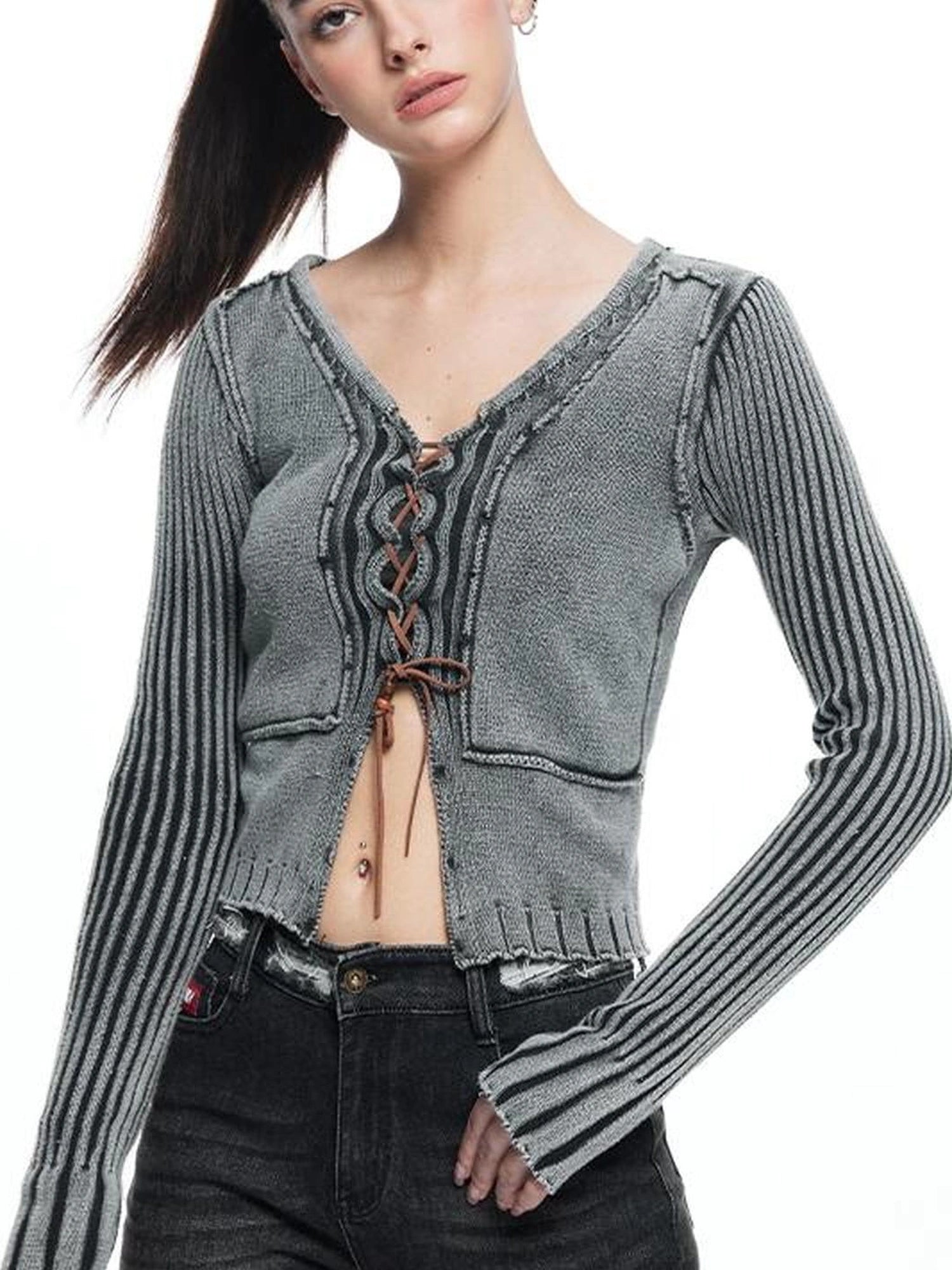 kvkv Vintage Washed Wool Knit Cardigan V-neck Long Sleeve